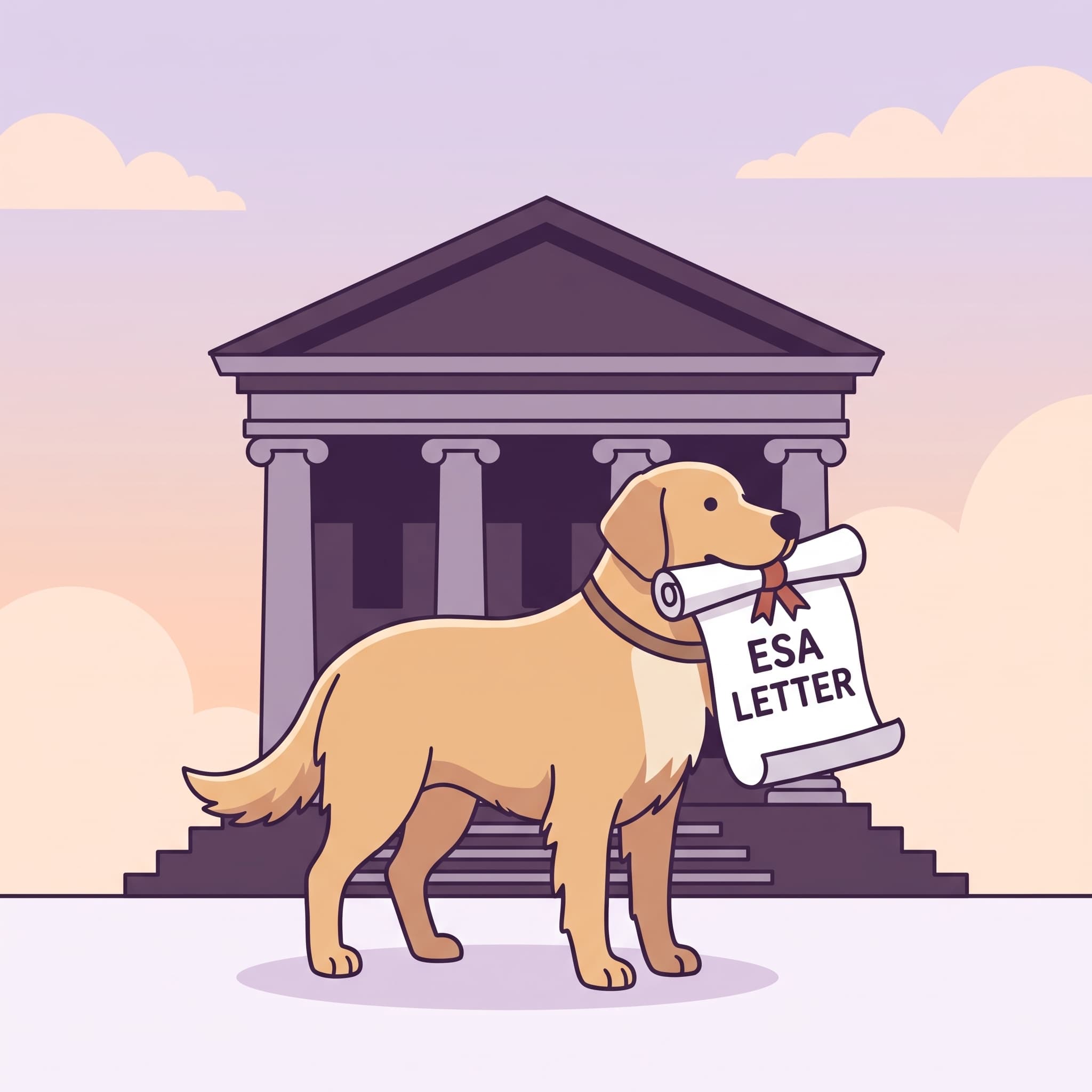 Illustration of a dog with an ESA letter outside a courthouse