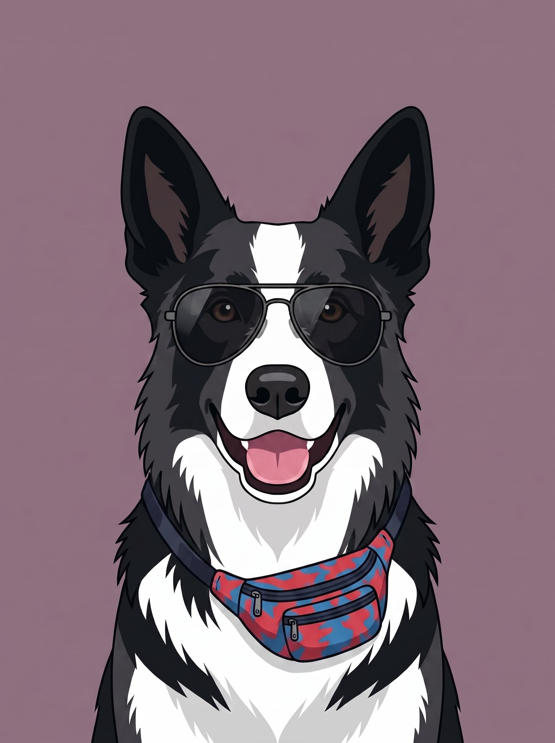 Illustrated black-and-white dog wearing sunglasses and a colorful waist pack