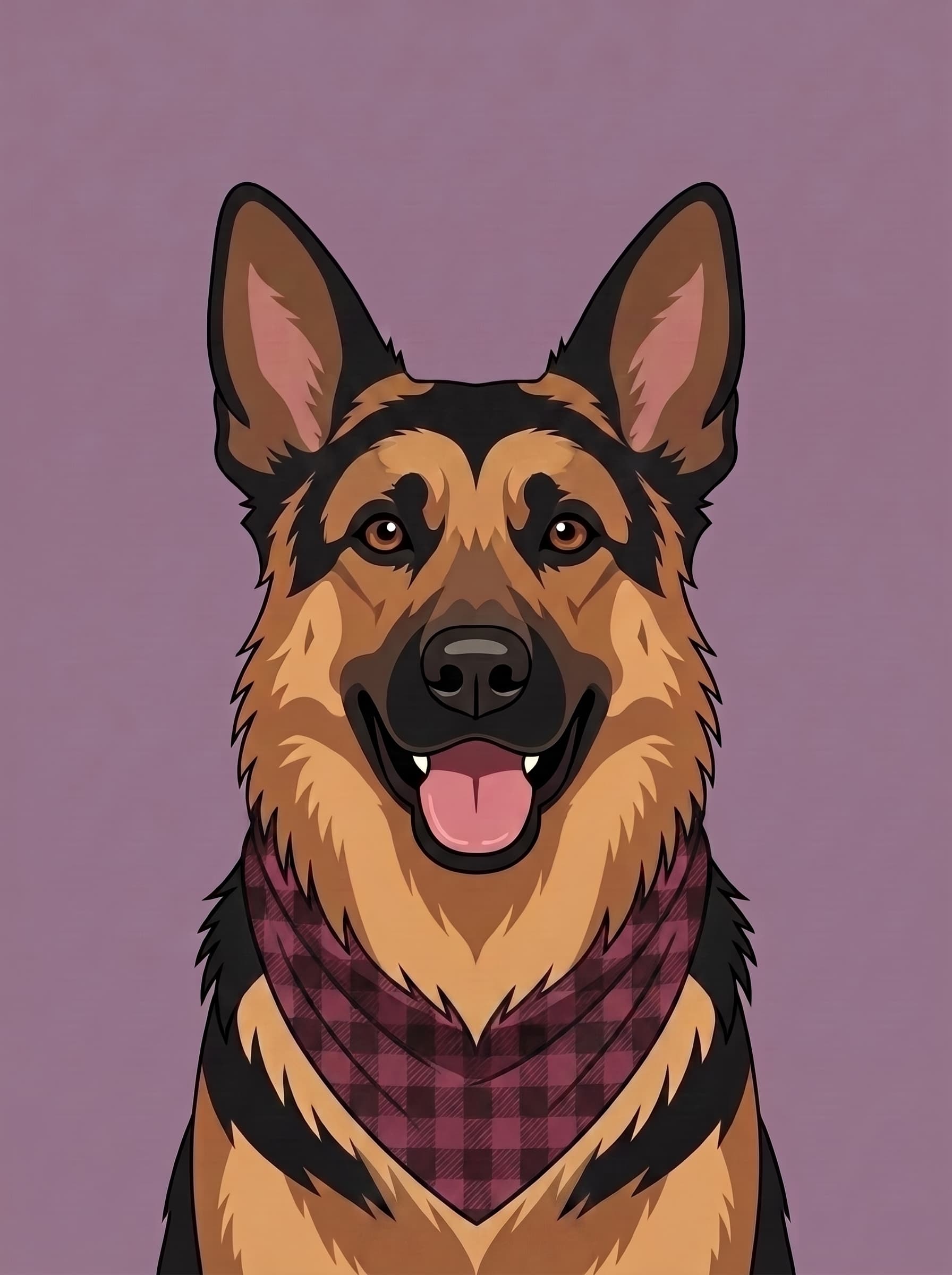 An illustrated German shepherd wearing a bandana