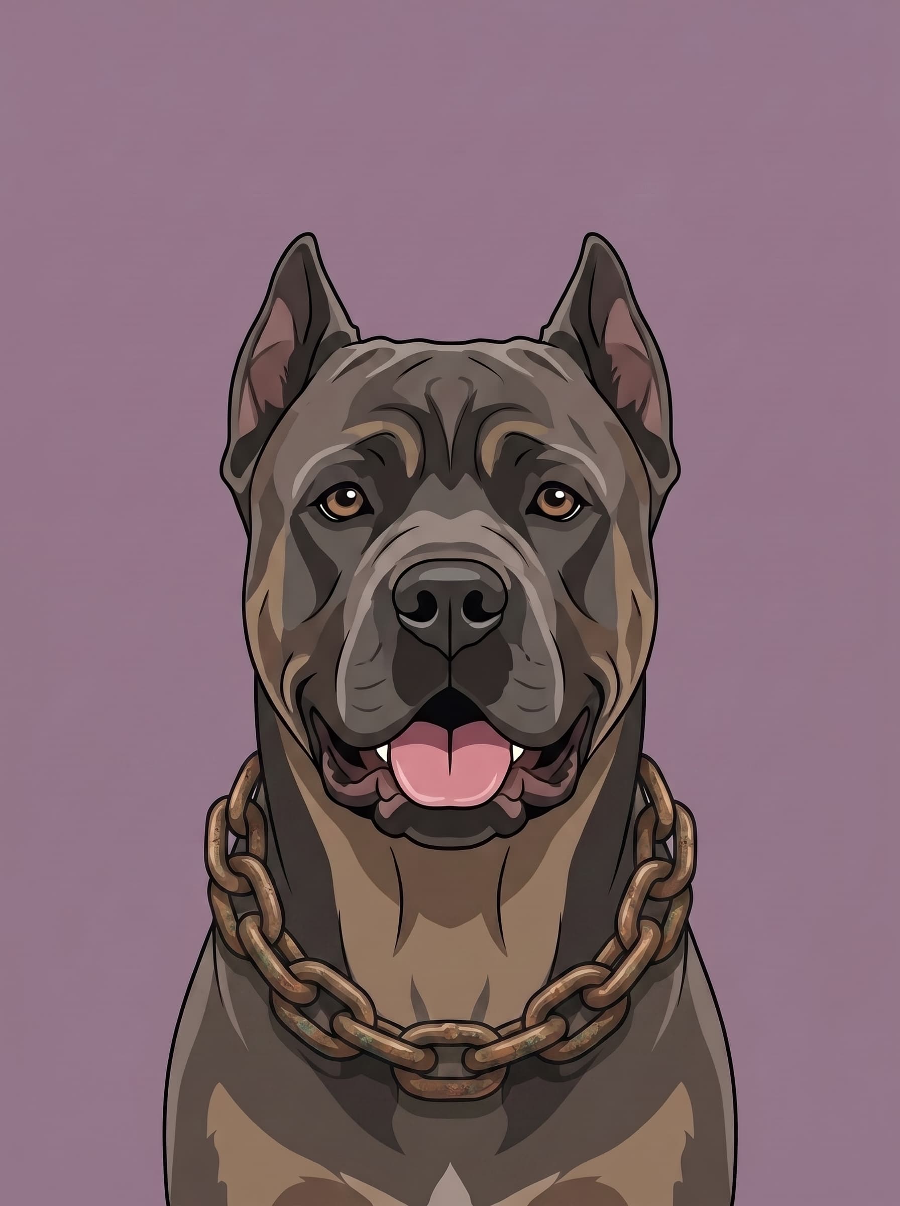 An illustrated mastiff wearing a chain collar