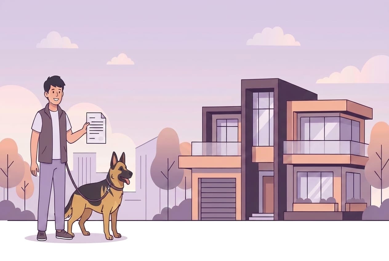 An illustrated man with his assistance dog outside a home