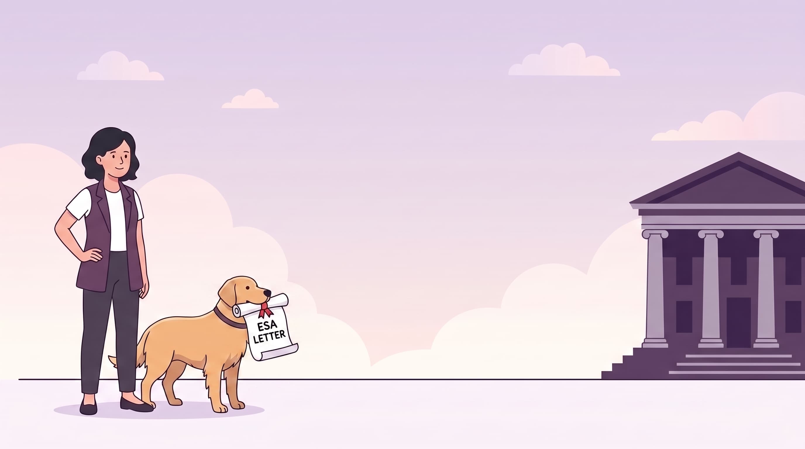 An illustrated woman and emotional support dog beside a courthouse