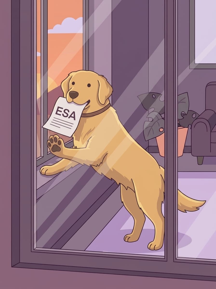 A golden retriever holding an ESA letter at a glass door