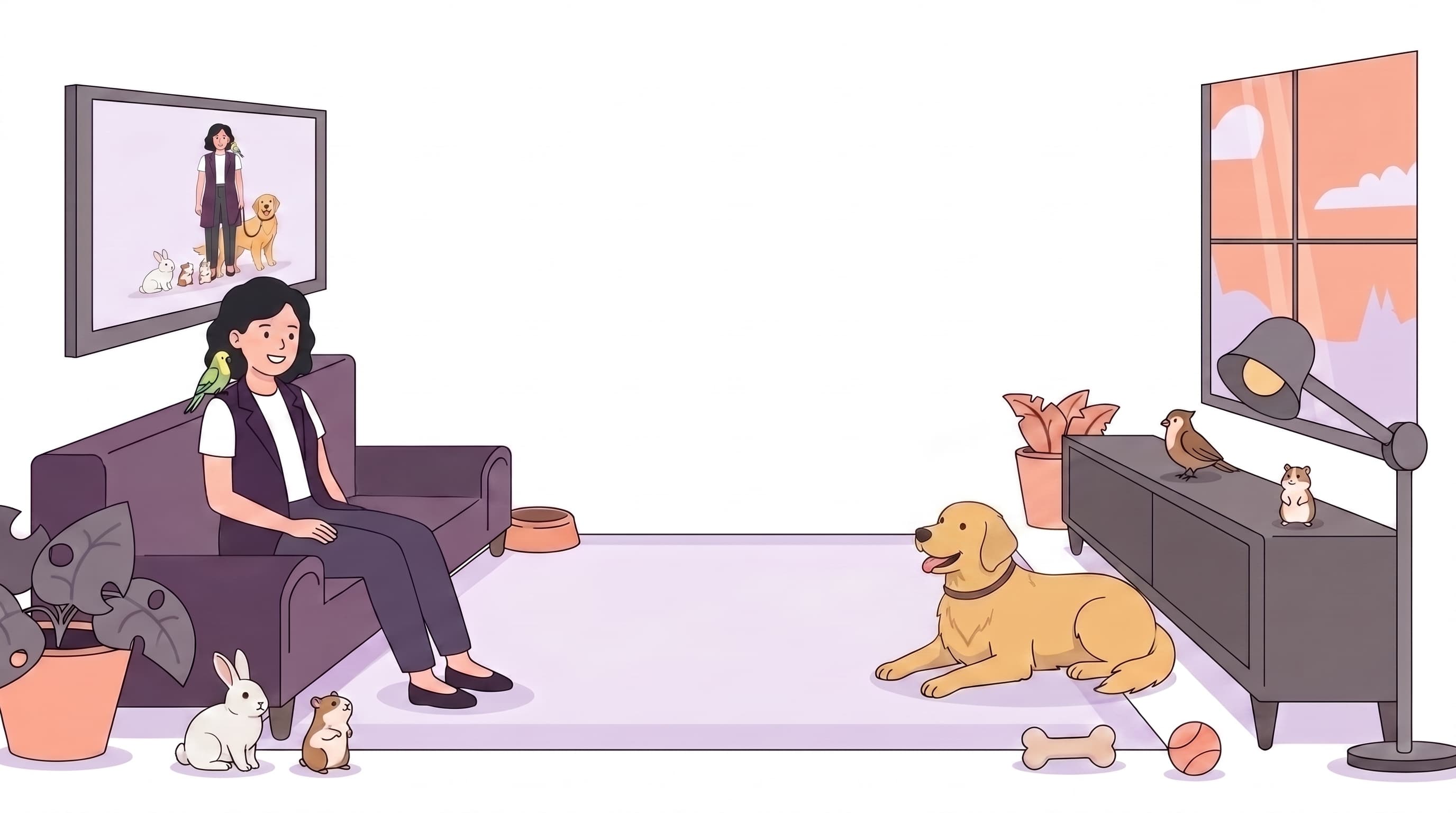 A woman relaxing at home with a golden retriever, rabbit, hamster and birds