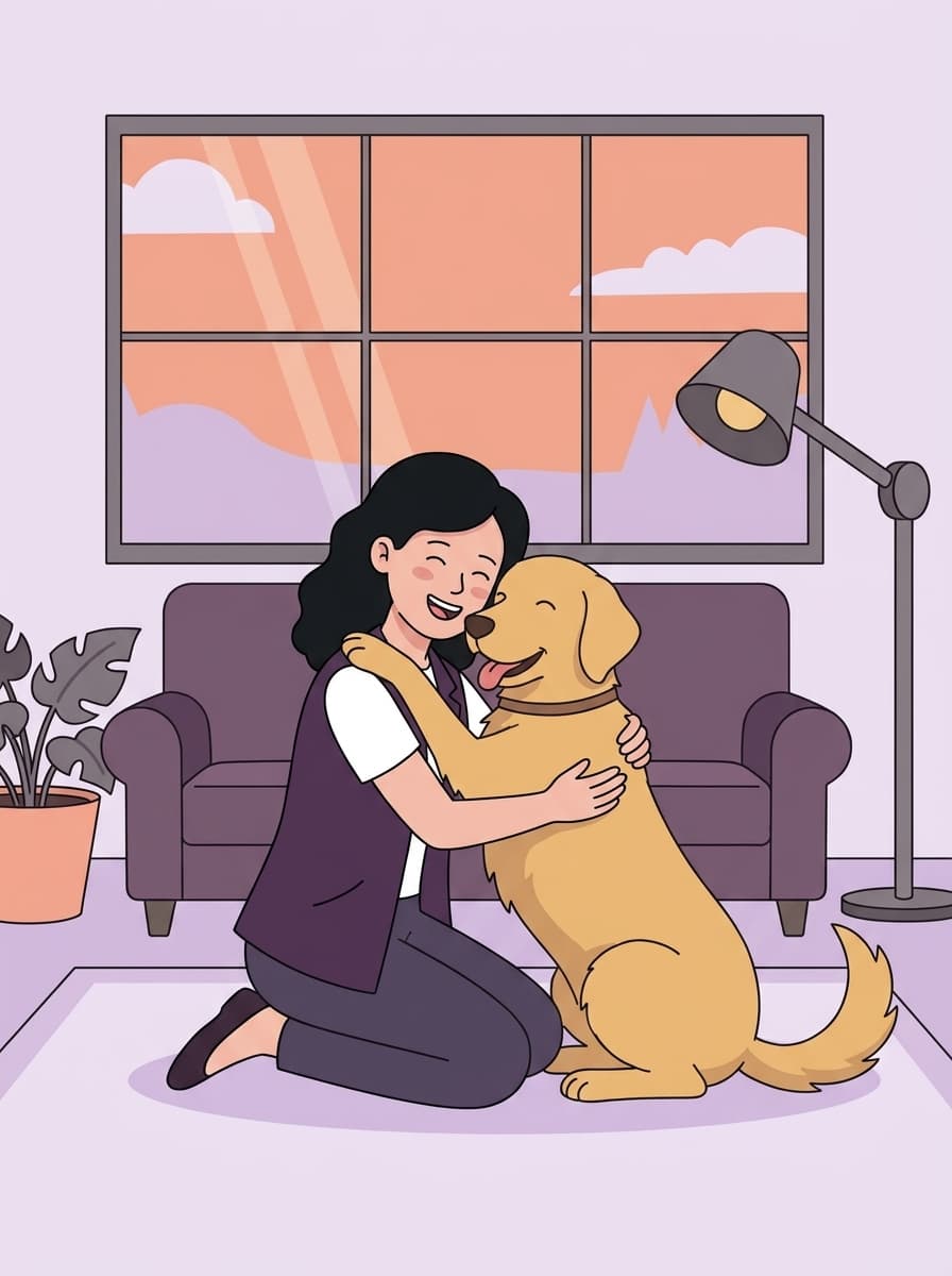 A woman hugging a golden retriever in a calm living room