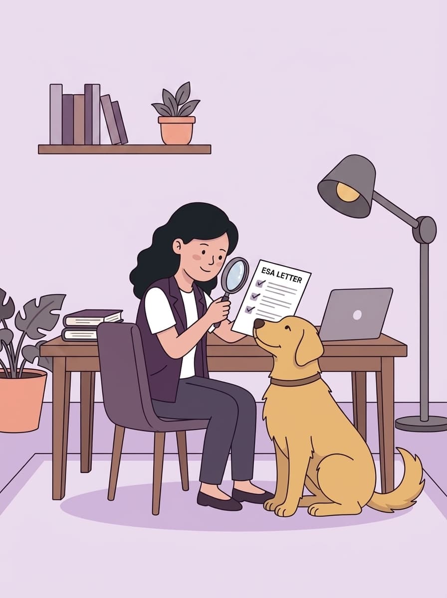 A woman reviewing an ESA letter with a magnifying glass while a dog sits beside her