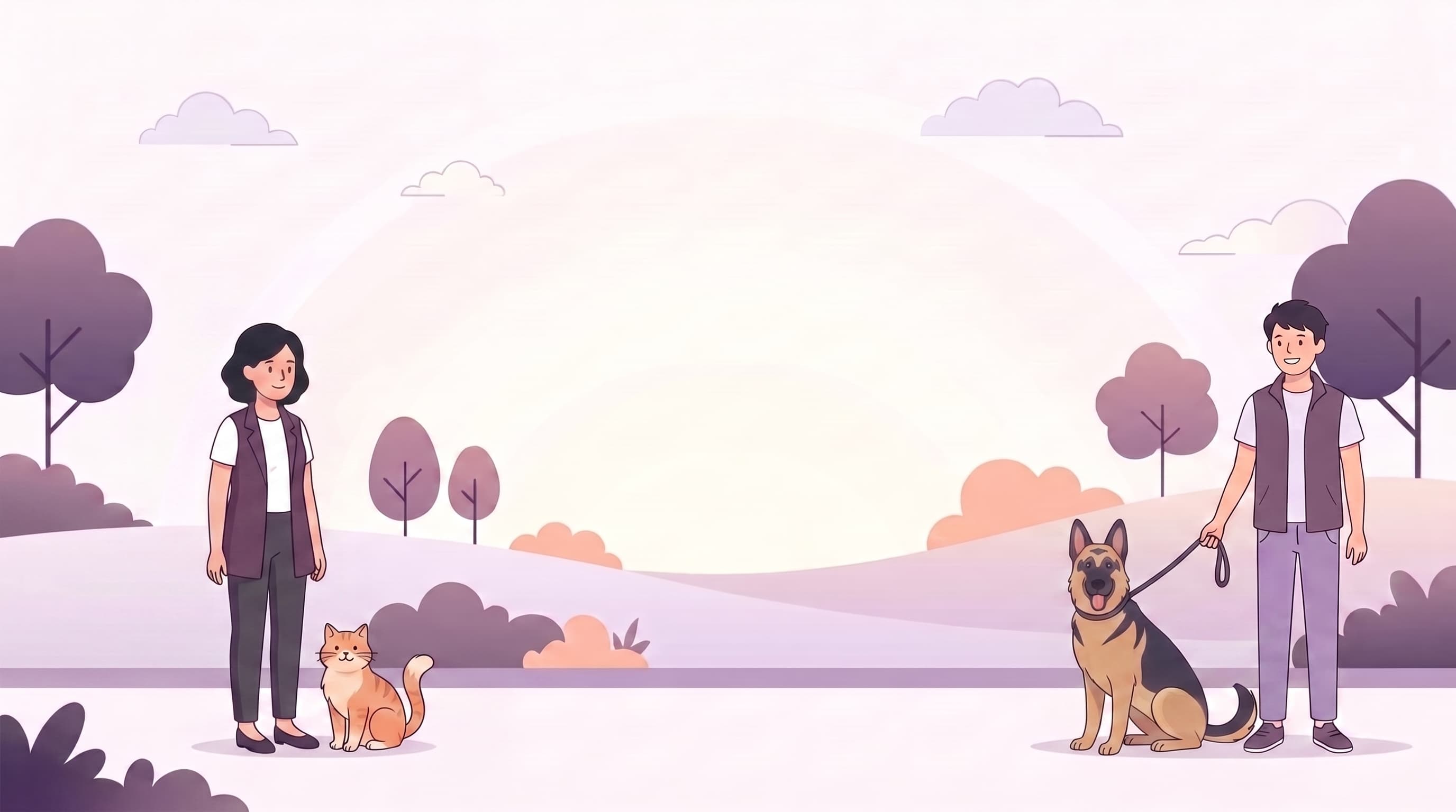 An illustrated woman with a cat opposite a man with a psychiatric service dog in a pastel park
