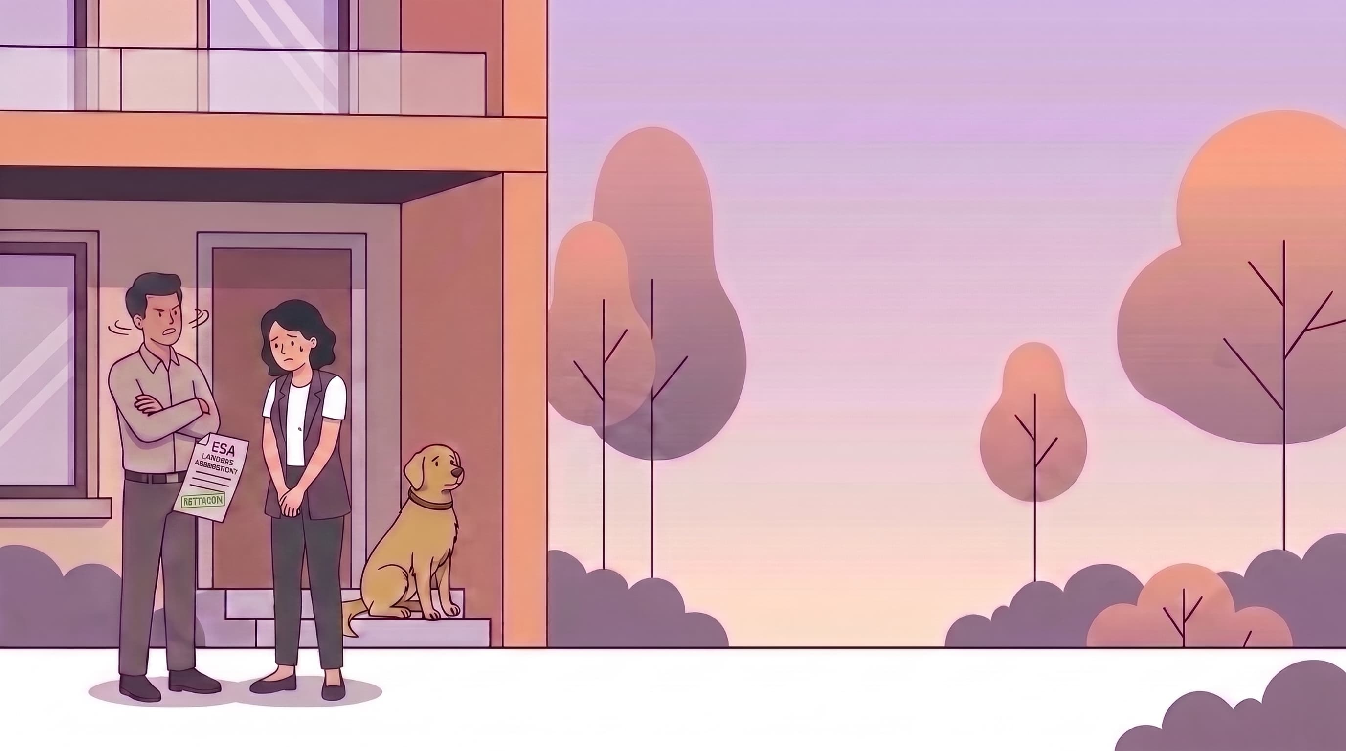 An illustrated tenant and her emotional support dog outside an apartment with a landlord reviewing an ESA letter