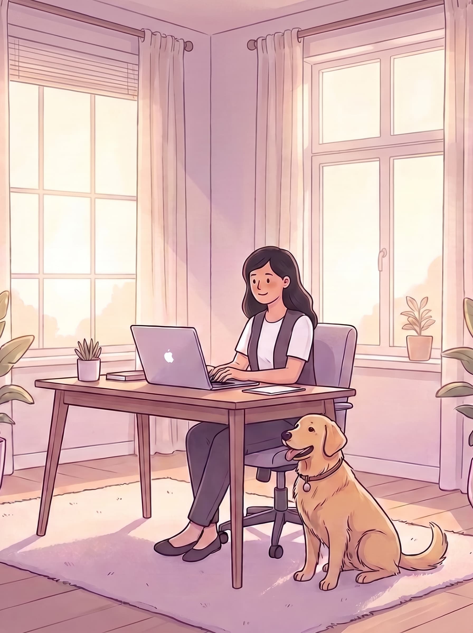 An illustrated woman calmly writing at her laptop with her emotional support dog beside her