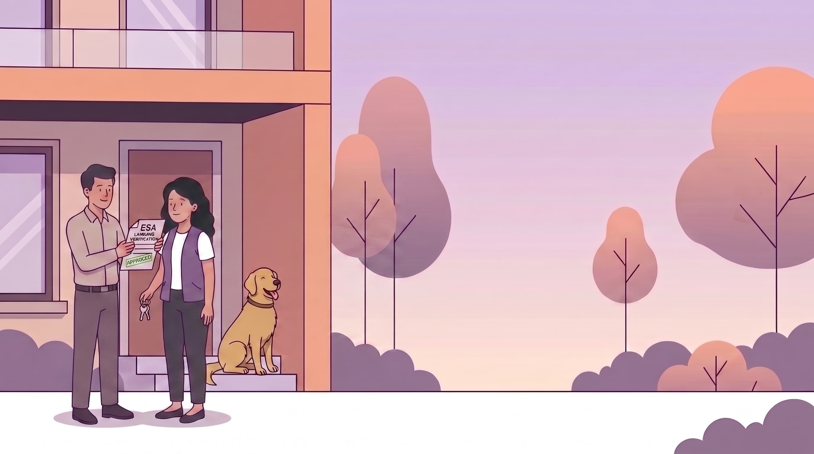 An illustrated resident receiving ESA verification paperwork from a housing professional