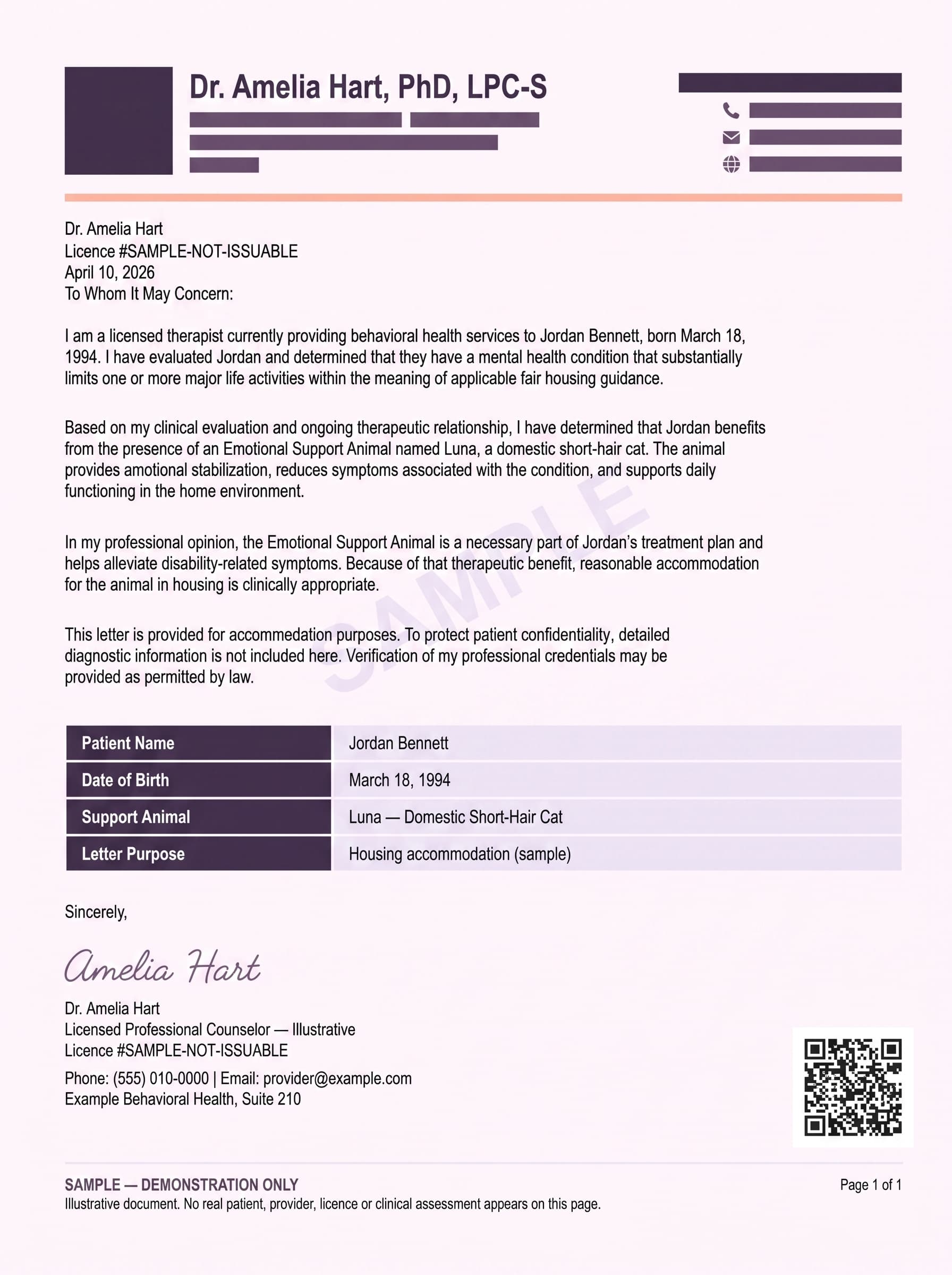 Illustrative sample ESA letter marked as a non-issuable demonstration