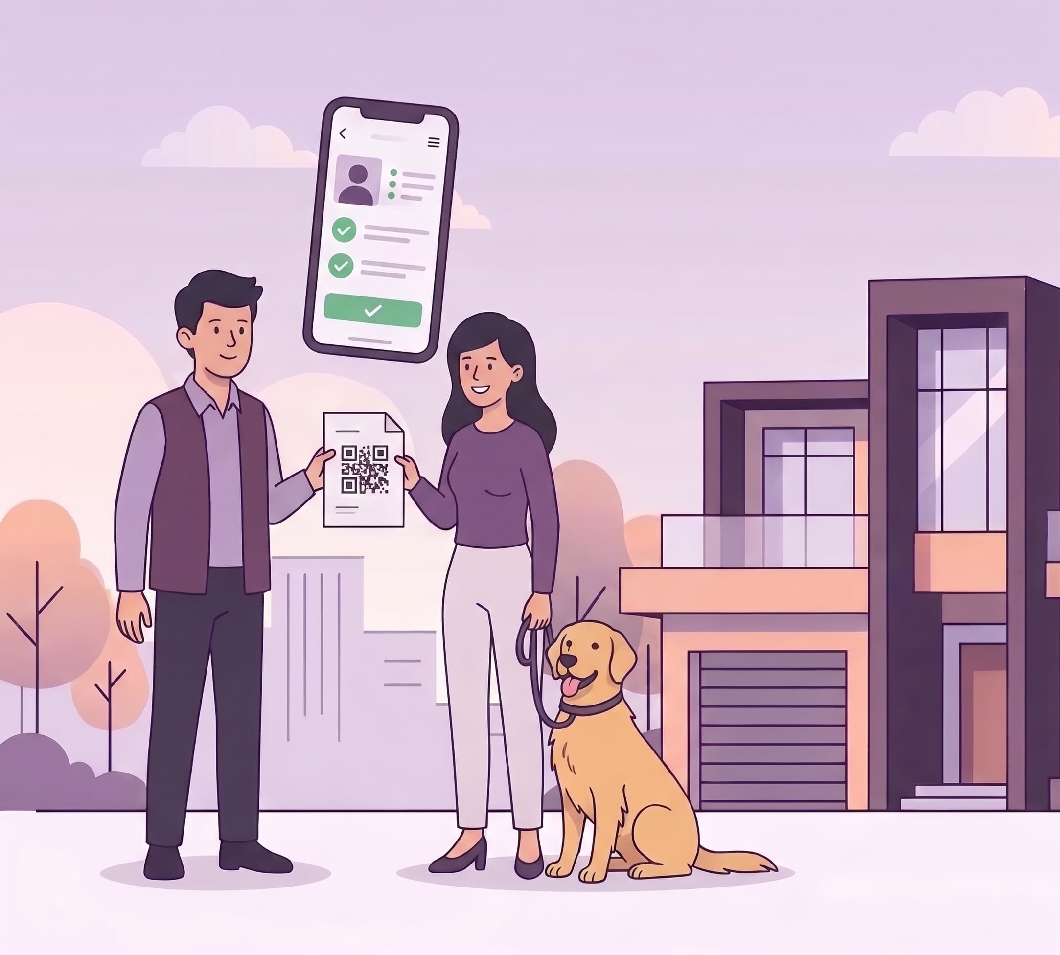 An illustrated resident sharing a QR-coded document with a housing professional