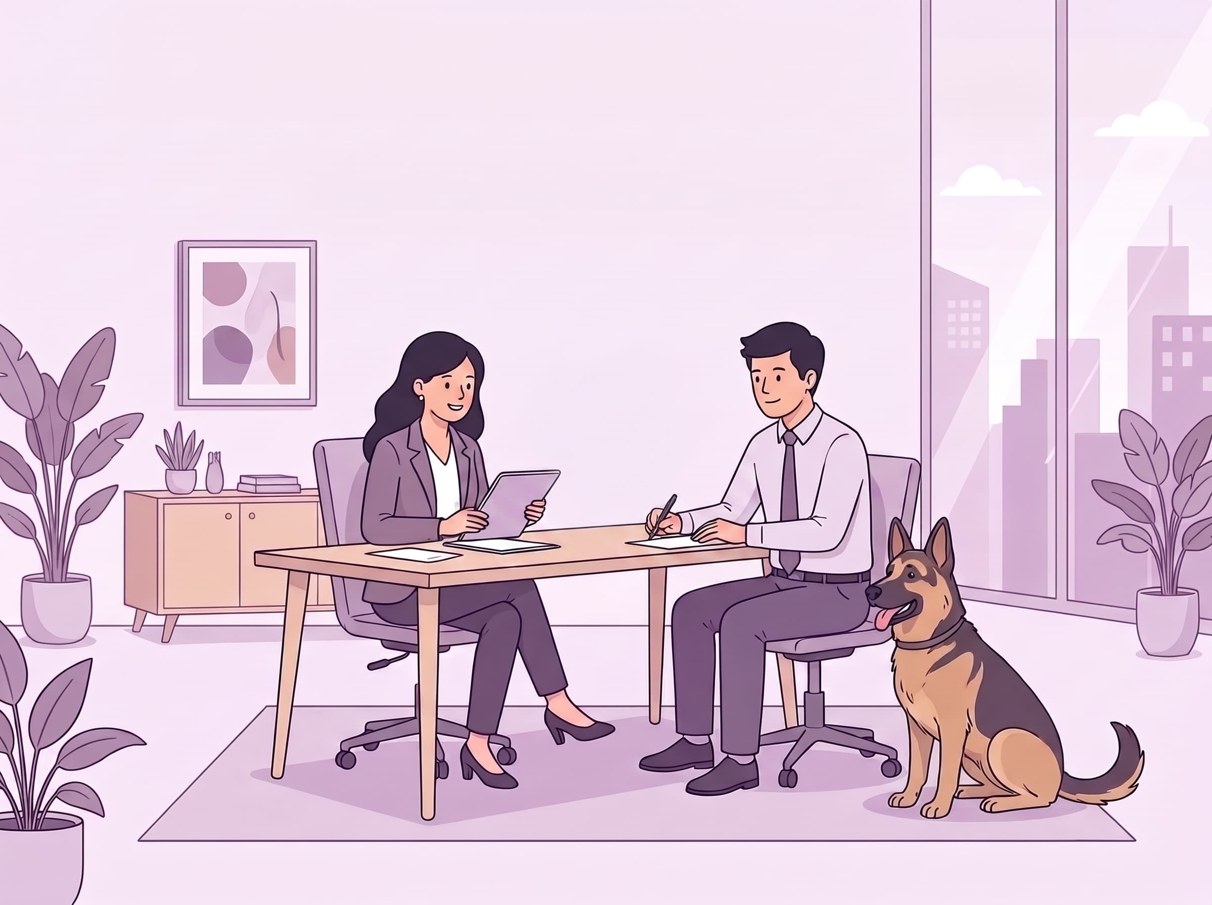 Two illustrated professionals reviewing documents together with a support dog beside their desk