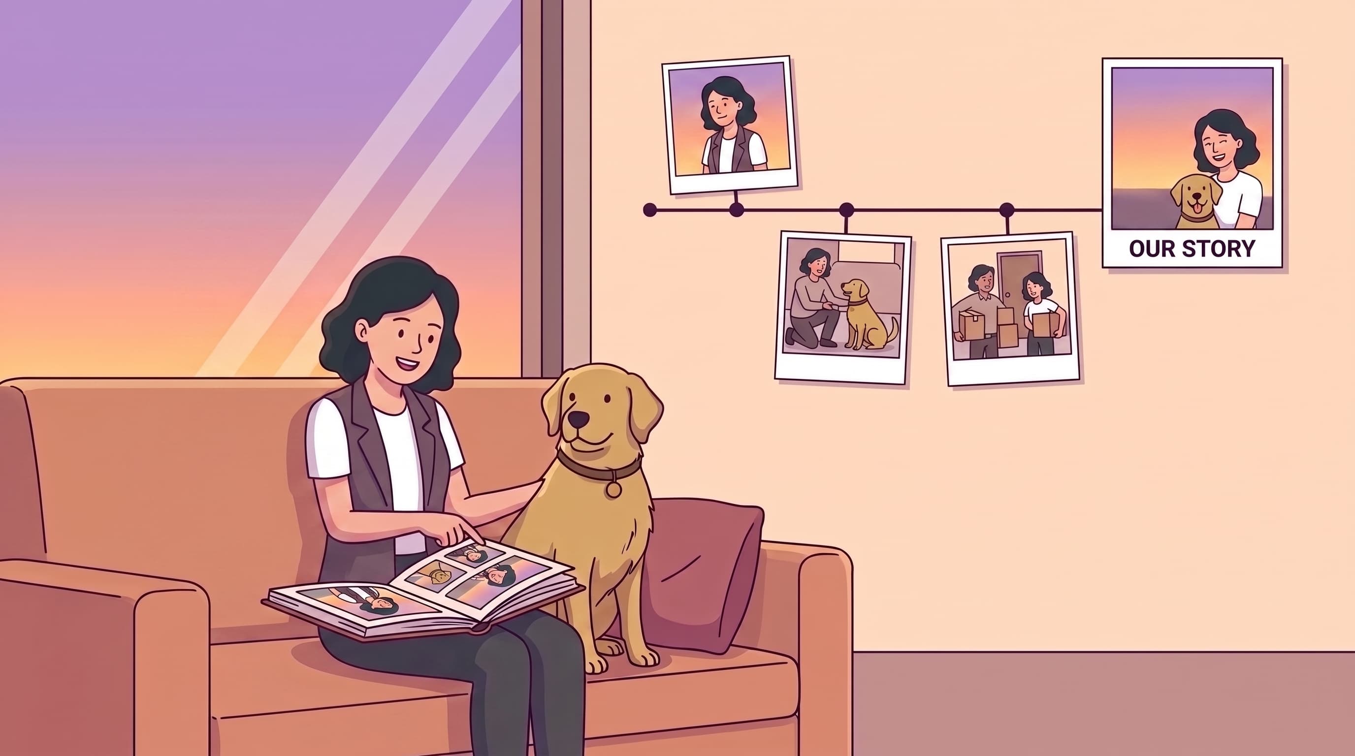 An illustrated woman and her support dog looking through a photo album beside a timeline of their story