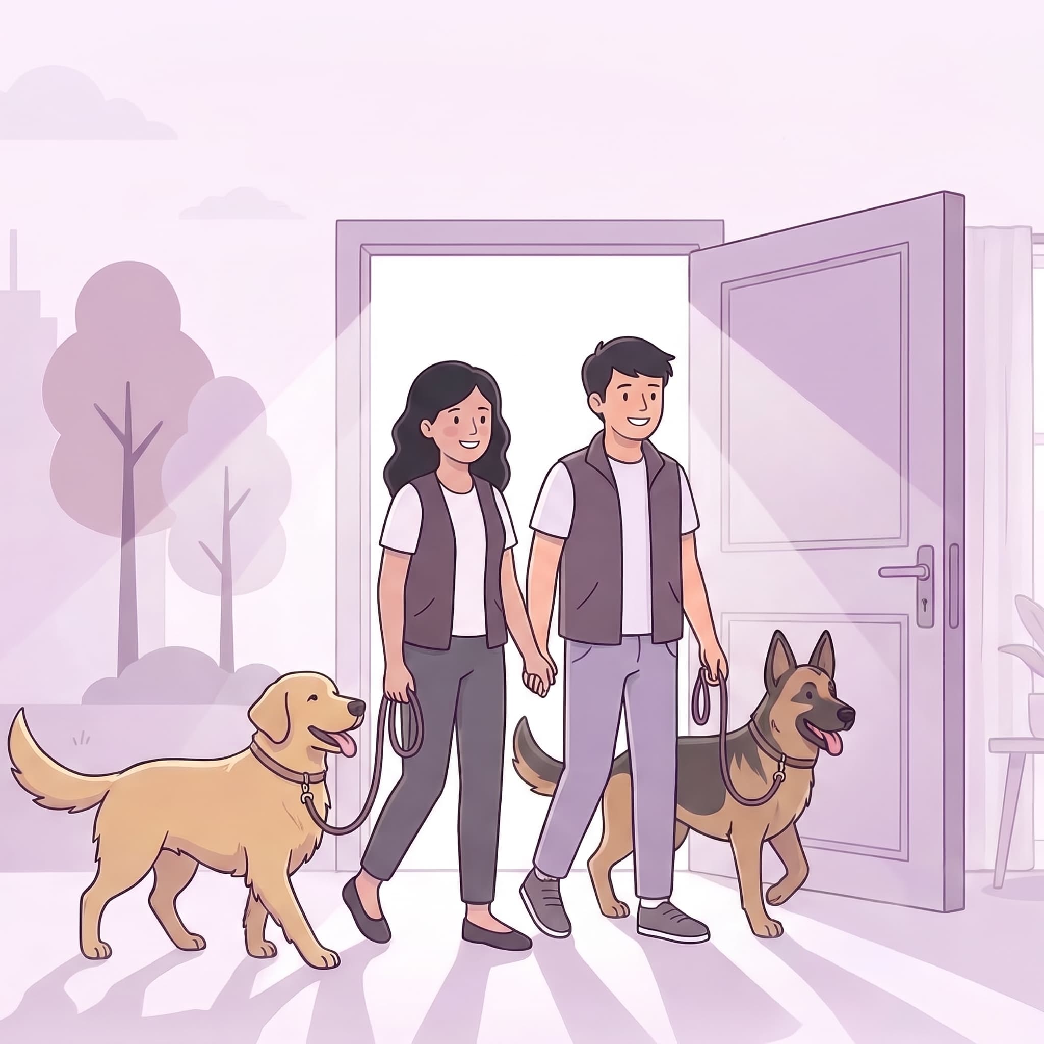 An illustrated couple walking through an open doorway with their two support dogs