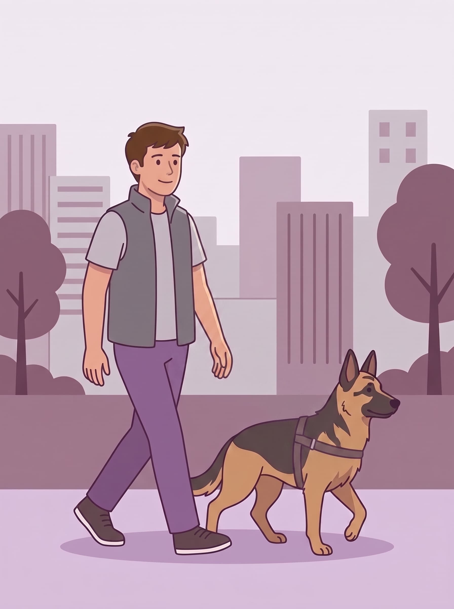 A person walking with an illustrated German shepherd in a city park