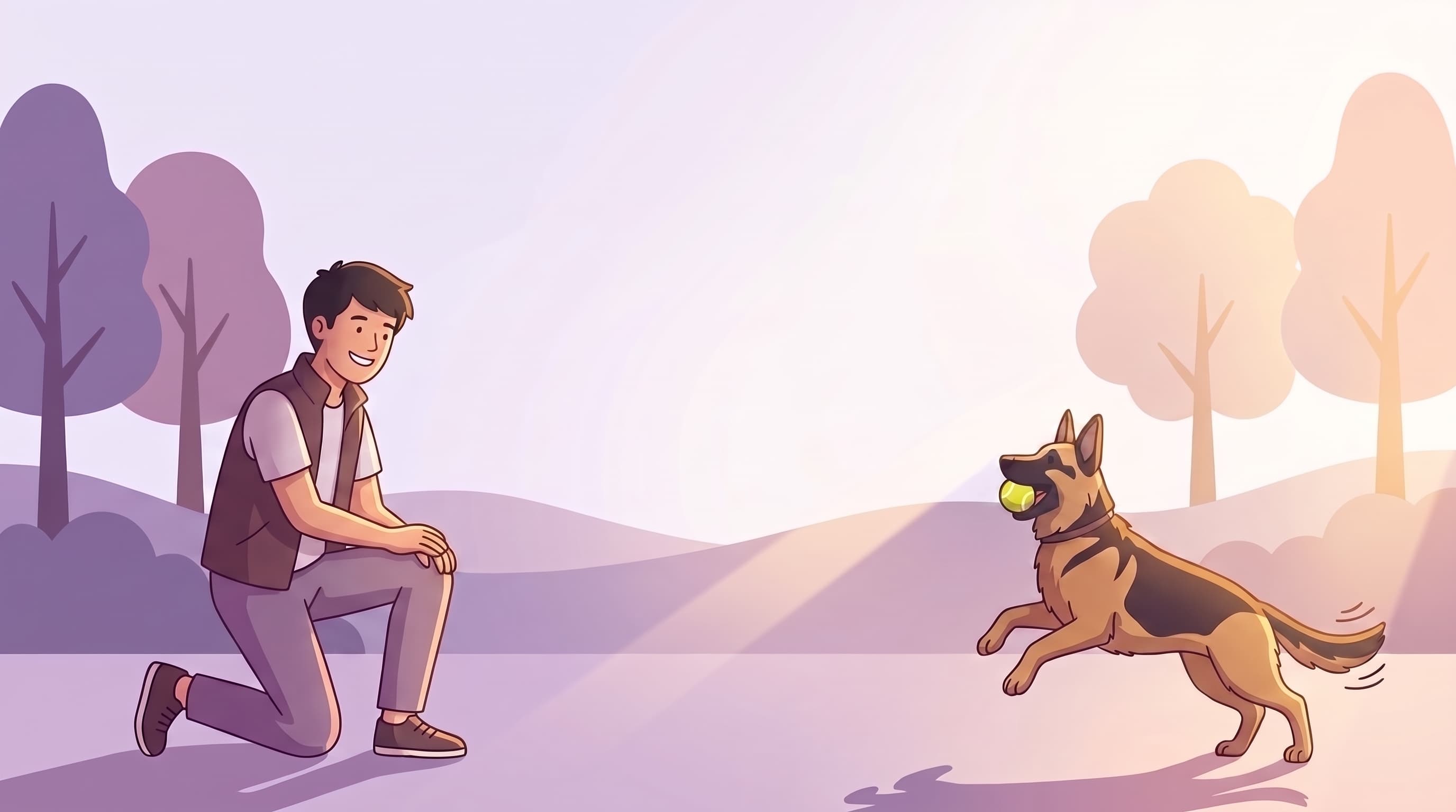 A person playing fetch with a German shepherd in a softly illustrated park