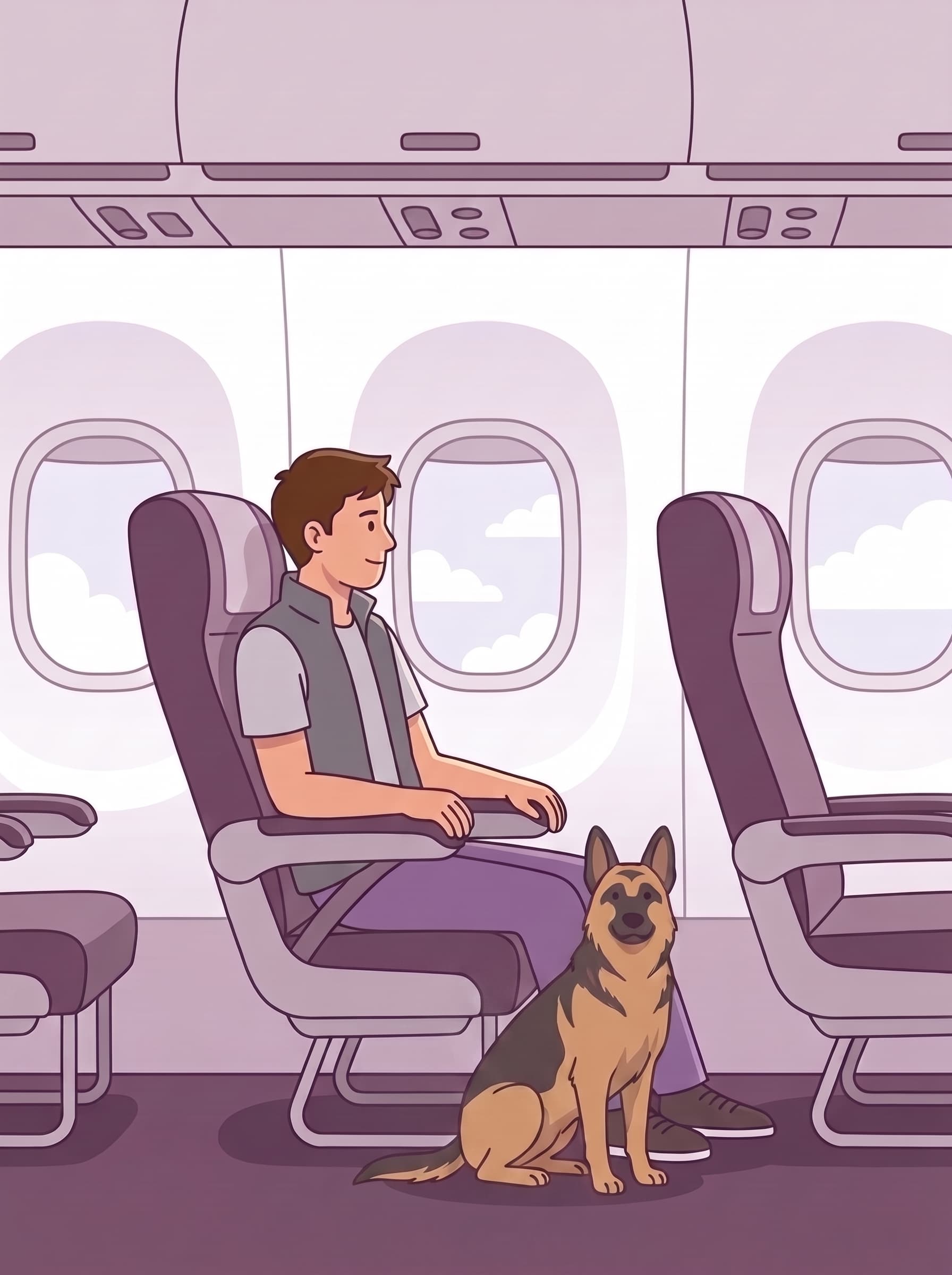 A person seated on an airplane with a German shepherd service dog