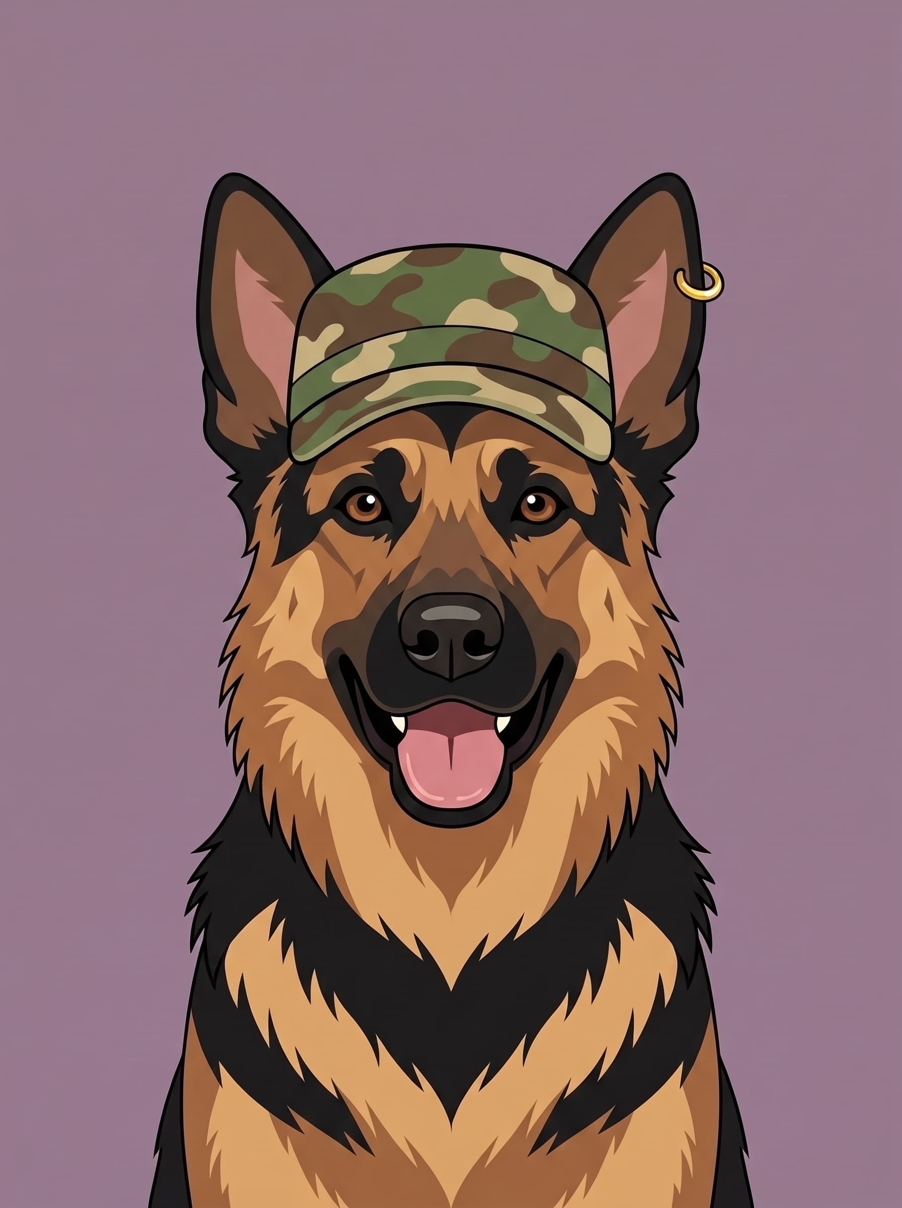 An illustrated German shepherd wearing a camouflage cap
